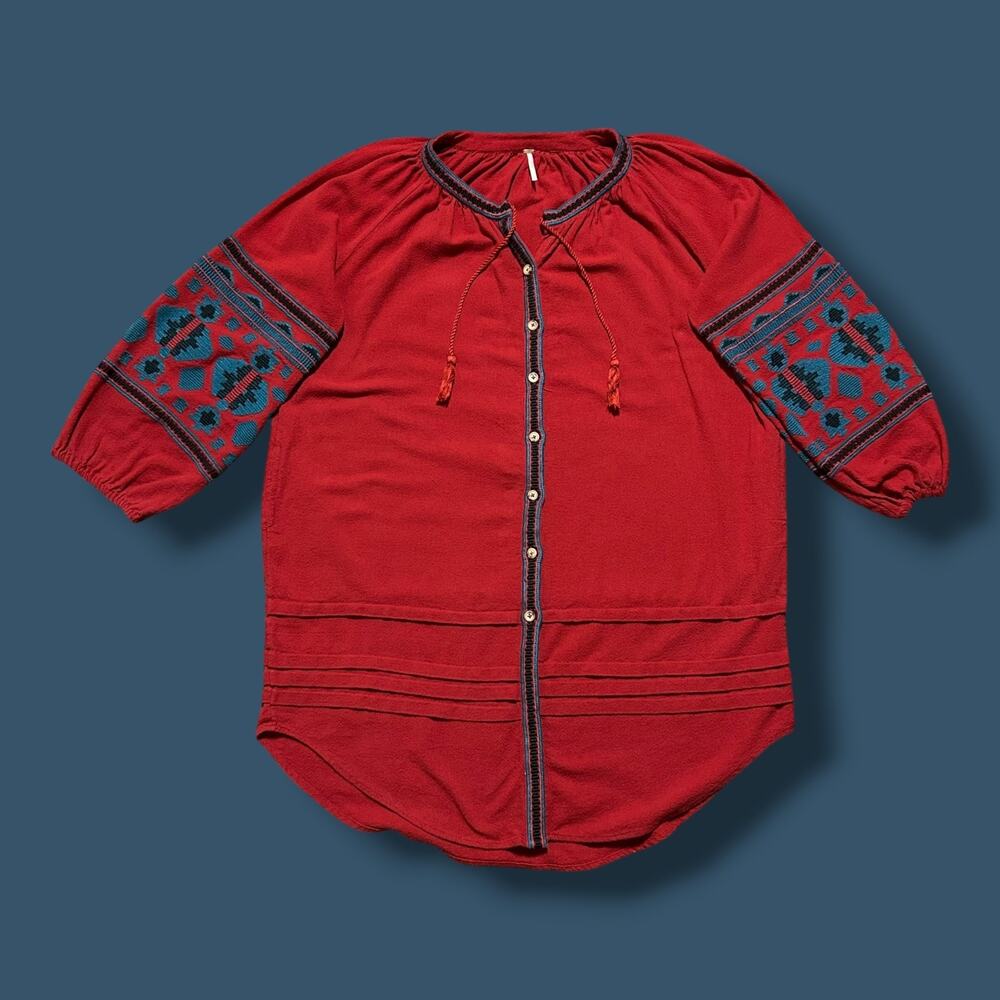 Free People Tunic Dress In The Clear Red Small Southwestern Embroidered